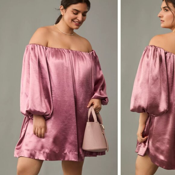Anthropologie Mare Mare Off-The-Shoulder Puff-Sleeve Shine Mini Dress NWT - Picture 1 of 7